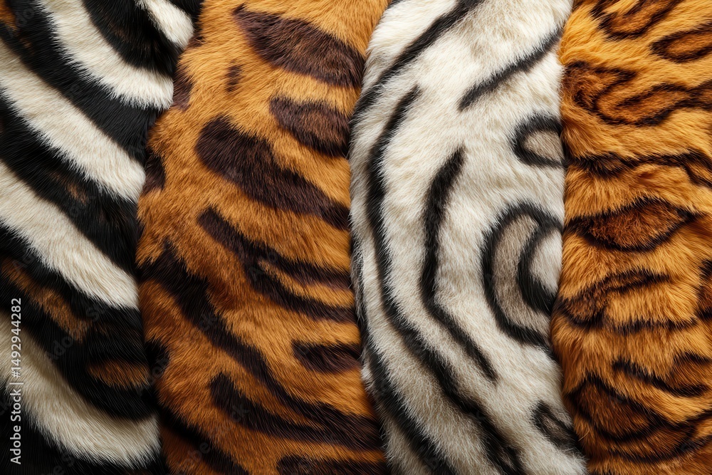 Poster close-up of zebra and tiger fur patterns in a vertical arrangement. great background for texture, wa