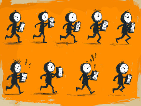 Time Pressure: Cartoon figures embody the urgency of time management, sprinting to meet deadlines.