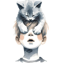 Boy with Playful Kitten on His Head – Minimalist Watercolor Illustration. Art for print. and art for print. print for kids room. illustration for kids.