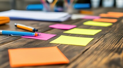 Fototapeta premium Meeting space with clean wooden table, sticky notes and markers neatly aligned
