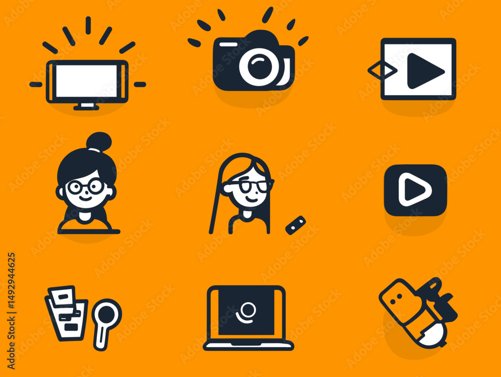 Poster digital icons: an array of digital icons on an orange backdrop, showcasing various technology-relate
