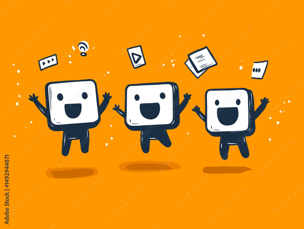Poster digital delight: a lively trio of animated characters with minimalist design joyfully interact with 