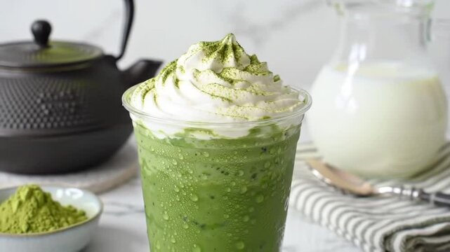 Refreshing Matcha Frappe Topped with Whipped Cream with Black Teapot Milk and Powder on White Background