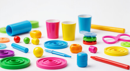 Colorful plastic play items scattered on white background  