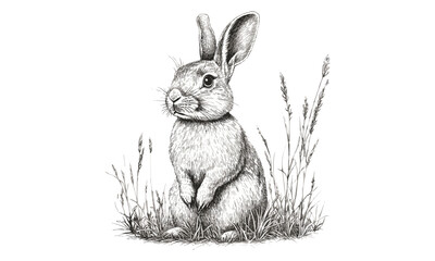 Engraved Wild Rabbit in Grass, Hand-drawn Nature Illustration, Vintage Animal Art, Black Sketch Effect, Spring Scene, Detailed Wildlife Print, Rustic Wall Decor, Animal Sketch