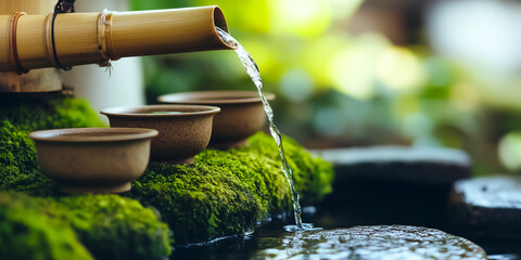 A serene water feature with bamboo spouts, flowing gently over moss-covered stones creates a peaceful atmosphere.