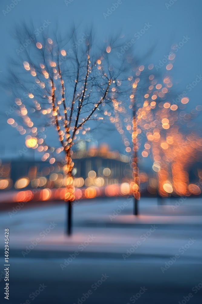 Poster winter trees decorated with festive lights at dusk in urban setting abstract bokeh style