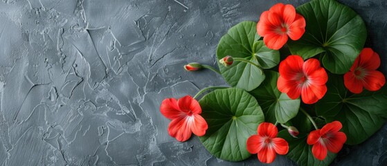 Fototapeta premium Red and pink geranium flowers scattered on colorful background. Top down aerial view of flower with pink petal. Flat lay composition with copy space for floral and botanical design. Floral. AIG55.