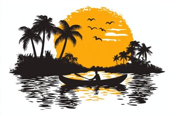 Silhouette tropical scene with a person in a canoe at sunset.