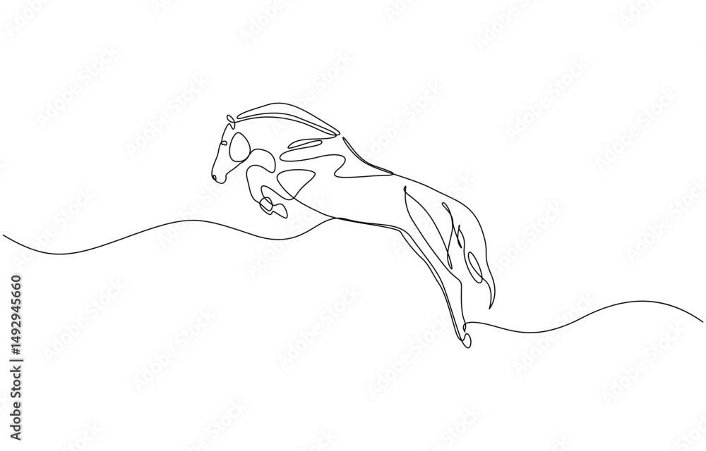 Poster continuous line drawing jumper of horse, single continuous line drawing of jumping elegant horse com