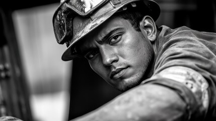 Obraz premium A determined young worker concentrates on his task in an industrial setting, showcasing effort and professionalism in a powerful black and white image.