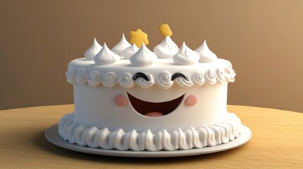 Happy Smiling Cartoon Birthday Cake with Whipped Cream Frosting