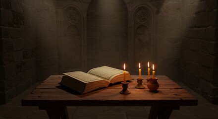 Open book and burning candles on the table