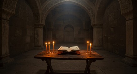 Open book and candles in a dark room
