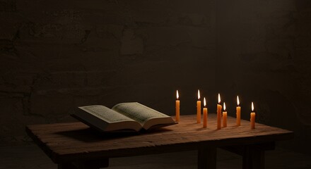 Open Book with Candles on Wooden Table