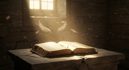 Open Book with Angel Wings and Light Beams