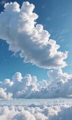 Vast, cloudless azure sky, fluffy white cumulus clouds drift lazily ,  altitude,  nature
