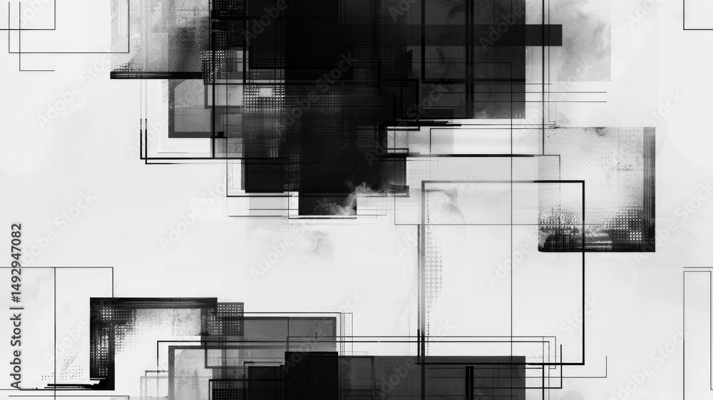 Poster The abstract picture of glitch circuit in square shape sketched by black color use shading to express software effect and algorithm graphic of digital chip through modern and electronic style. AIG53.