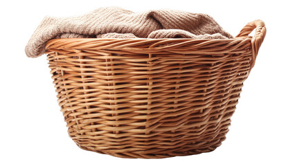 Charming Wicker Basket Filled with Cozy Beige Knitted Textiles PNG transparent background