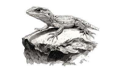 Anole Lizard Engraving on Rock, Vintage Retro Wildlife Sketch, Black Monochrome Reptile Drawing, Hand-drawn Nature Illustration, Antique Etching, Retro Jungle Art