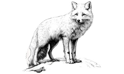 Monochrome Arctic Fox Engraving, Retro Mammal Art, Vintage Winter Wildlife Decor, Black Sketch Etching, Trendy Animal Illustration for Home, Old Engraving Style