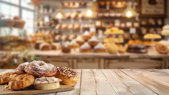 Softly blurred bakery interior with warm lighting and rustic wooden accents.