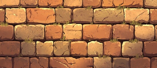 Obraz premium A textured stone wall with varied hues of brown and patches of green