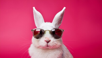 Fototapeta premium cute white rabbit wearing sunglasses against pink background