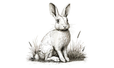 Vintage Arctic Hare, Hand-drawn Mammal Illustration, Cold Climate Wildlife, Monochrome Etching, Antique Style Nature Sketch, Trendy Black and White Ar