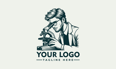 Vintage style male scientist carefully observed a microscope in laboratory research setting. Science concept
