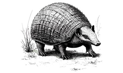 Armadillo Rolling Up, Monochrome Wildlife Etching, Hand-drawn Mammal Sketch, Vintage Animal Illustration, Fauna Line Art, Black Sketch, Trendy, Detailed Nature Artwork