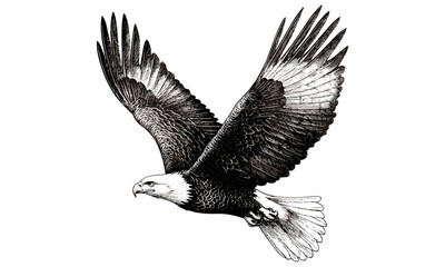 Black and White Bald Eagle Flying, Vintage Ornithological Illustration, Rustic Nature Etching, Wildlife Line Art, Monochrome Bird of Prey, Antique Hand-drawn Print, Old Engraving
