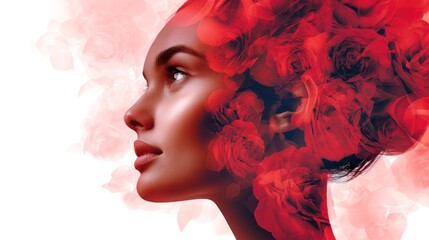 Happy female visage melds with lush scarlet roses creating a captivating double exposure of joy and nature