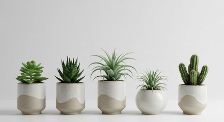 Fototapeta premium Five succulents thrive softly lit minimalist pots. AI Generated