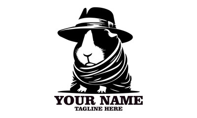 Stylized guinea pig in trench coat and fedora hat appearing like a mysterious noir detective. Animal humor concept, guinea pig vector illustration, guinea pig logo icon