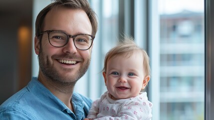 Excited dad enjoys a cheerful moment with his happy baby basking in warm daylight streaming through a wide window