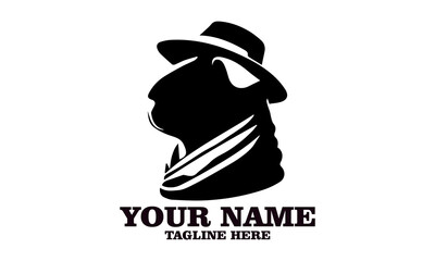Stylized guinea pig in trench coat and fedora hat appearing like a mysterious noir detective. Animal humor concept, guinea pig vector illustration, guinea pig logo icon