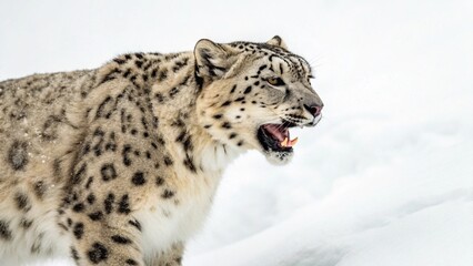 Obraz premium A powerful Snow Leopard is captured mid-snarl or roar in a snowy environment, showcasing its fangs and intense expression