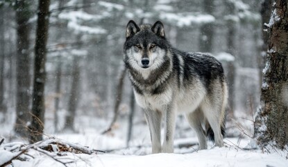 Obraz premium Wolf in snowy winter forest environment