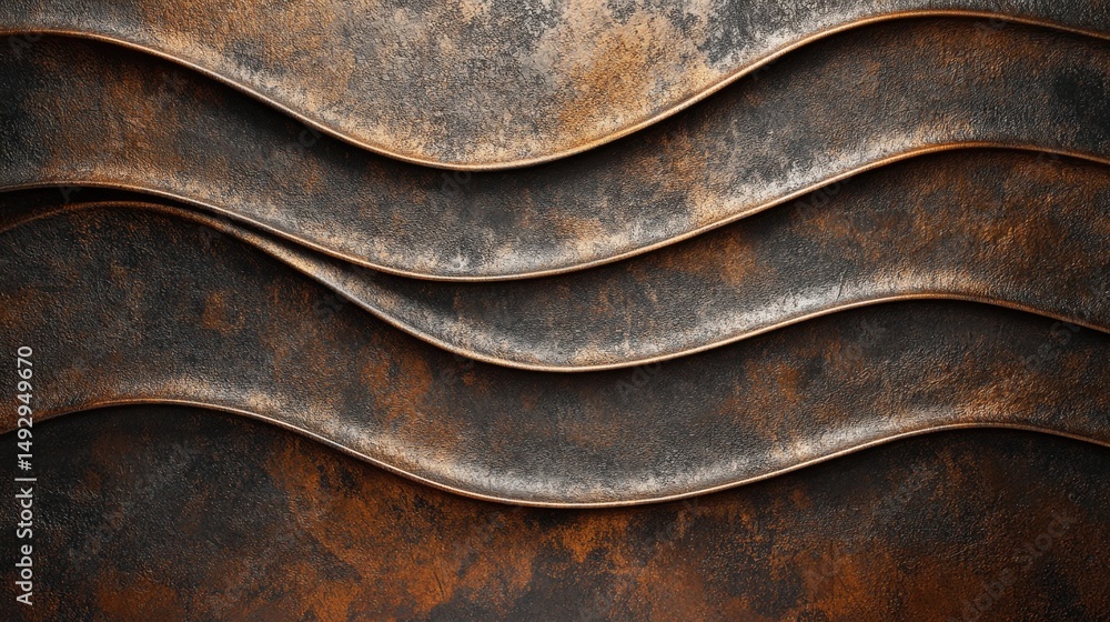 Poster a close-up view of a textured metallic surface displaying wavy patterns with a rusty finish, ideal f