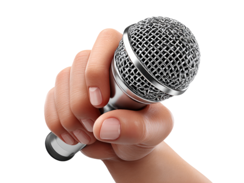 Microphone in Hand: A close-up shot of a hand firmly gripping a silver microphone, ready to captivate with words or melody, ready to take the stage.