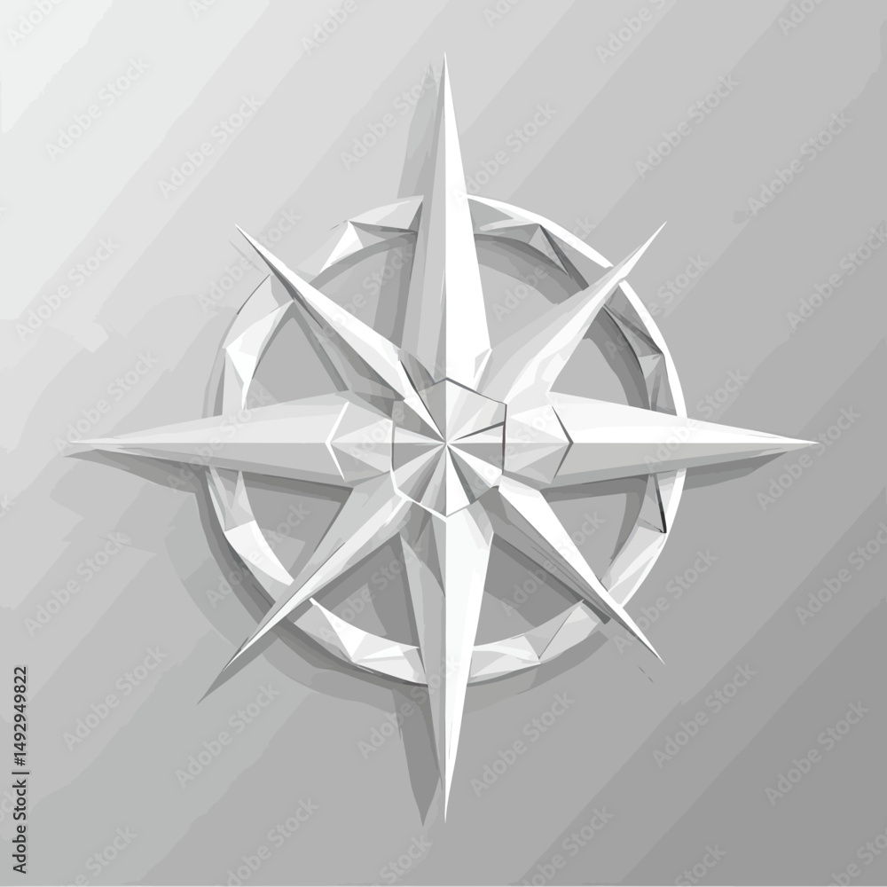 Poster white polygonal 3d compass rose with geometric facets and low poly style on light gray gradient back