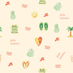 A Cheerful Hello Summer Pattern with Tropical Elements on a Light Background