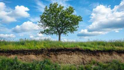 Obraz premium Solitary tree on grassy hill, soil layers exposed, under a vibrant sky