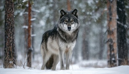 Naklejka premium Gray wolf in snowy winter forest wildlife