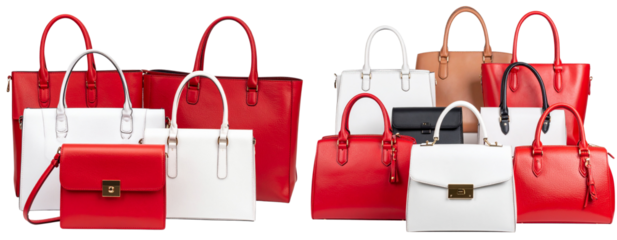 Set collection of luxury red and white leather women handbags in different styles isolated on transparent background PNG