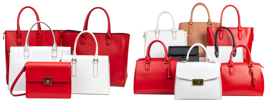 Set collection of luxury red and white leather women handbags in different styles isolated on transparent background PNG