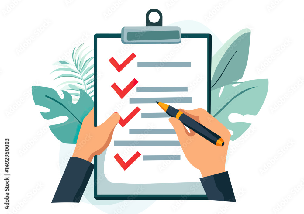 Poster business checklist on clipboard with red check marks and hand holding pen marking tasks completed on