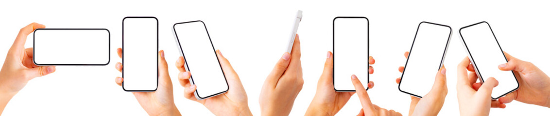 Group of modern mobile phones with blank white screens in hands on white background