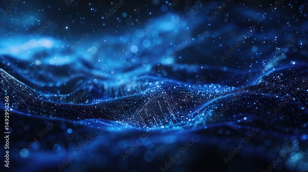 Poster abstract picture micro light sparkling particle represent data flow vivid flowing wave with high tec